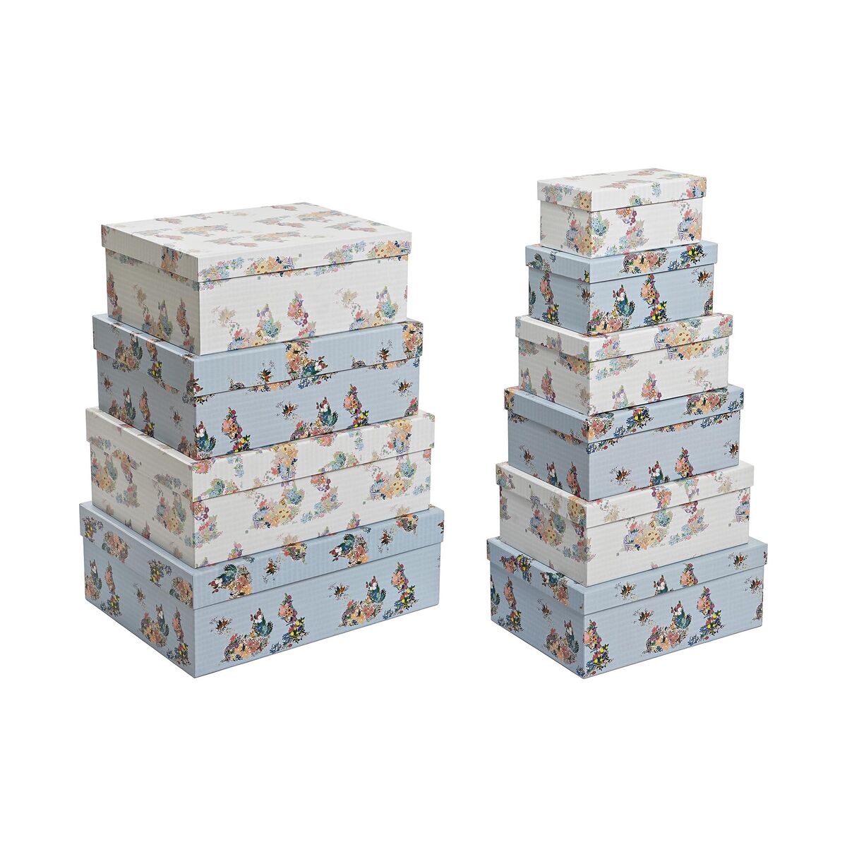 Conjunto de Caixas de Organização Empilháveis DKD Home Decor Azul Branco Bloemen Cartão (43,5 x 33,5 x 15,5 cm) - EcoNest