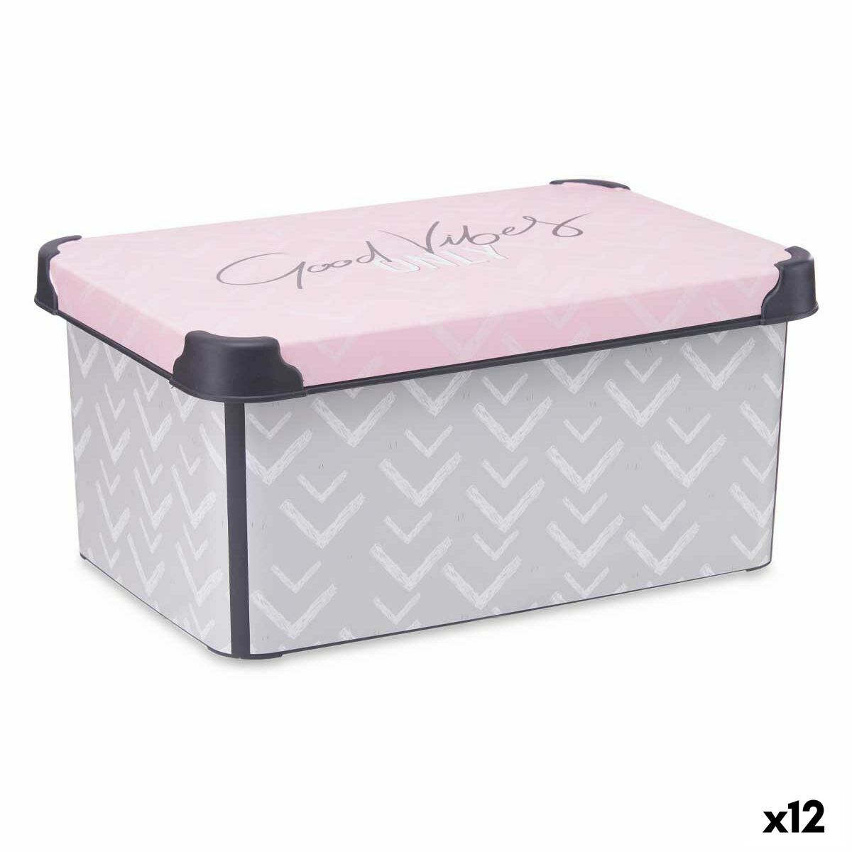 Caixa de Armazenagem com Tampa Vibes Cinzento Cor de Rosa Plástico 10 L (22,7 x 16,5 x 34,5 cm) (12 Unidades) - EcoNest