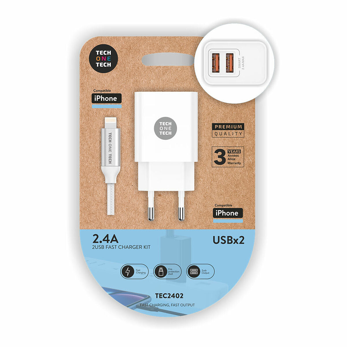 Carregador de Parede +Cabo Lightning MFI Tech One Tech TEC2402 Duplo Lightning