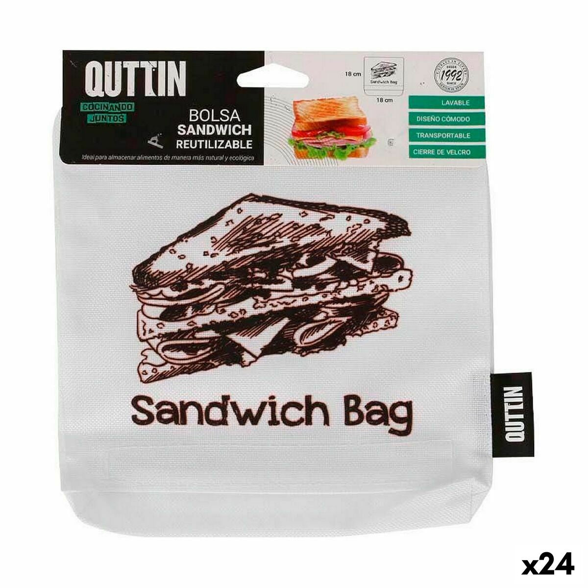 Saco Reutilizável para Alimentos Quttin Sanduíche 18 x 18 x 2 cm (24 Unidades)