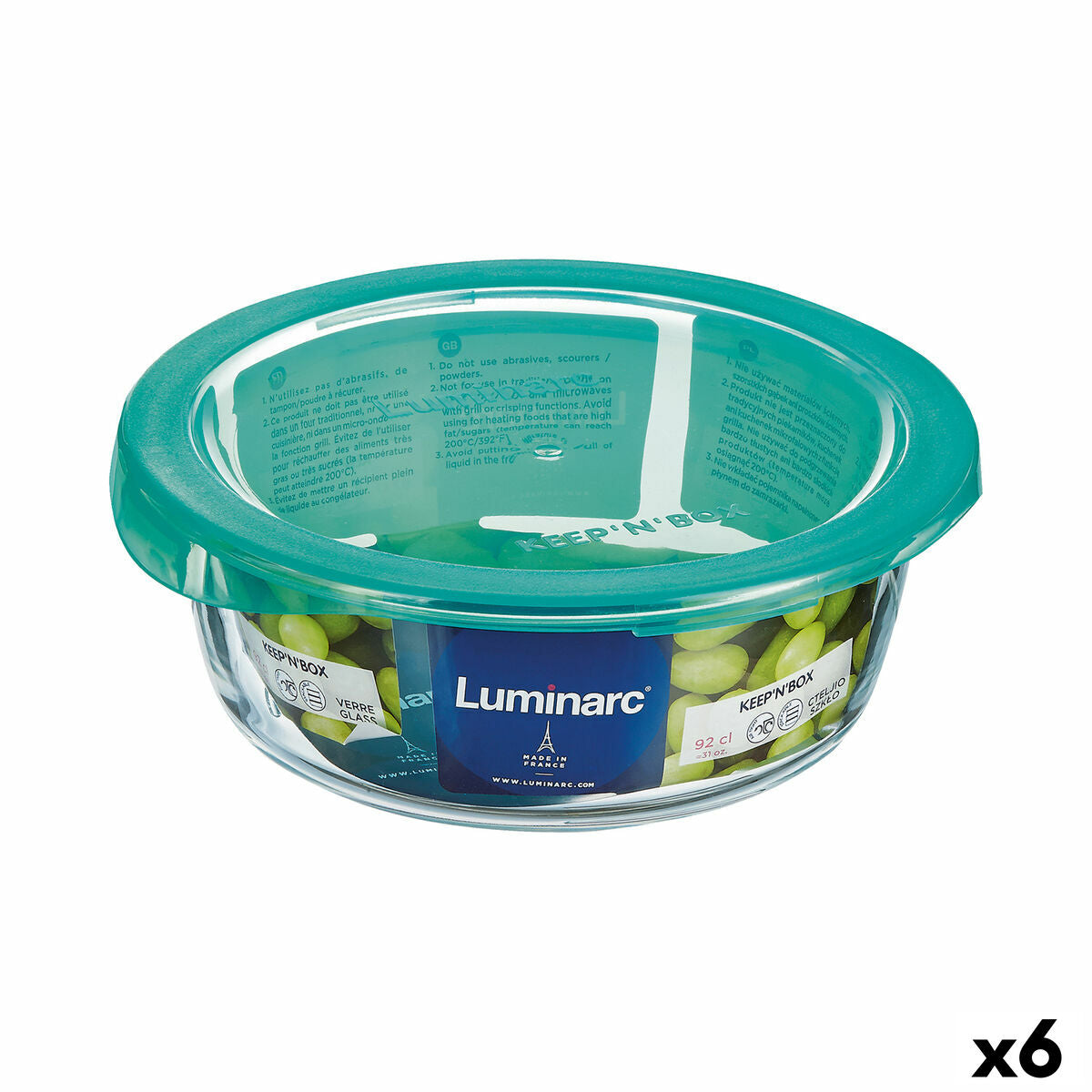 Lancheira Redonda com Tampa Luminarc Keep'n Lagon 920 ml 15,6 x 6,6 cm Turquesa Vidro (6 Unidades)