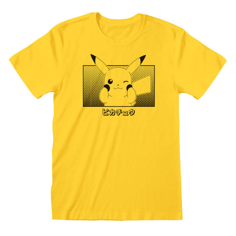 Camisola de Manga Curta Unissexo Pokémon Pikachu Katakana Amarelo - EcoNest