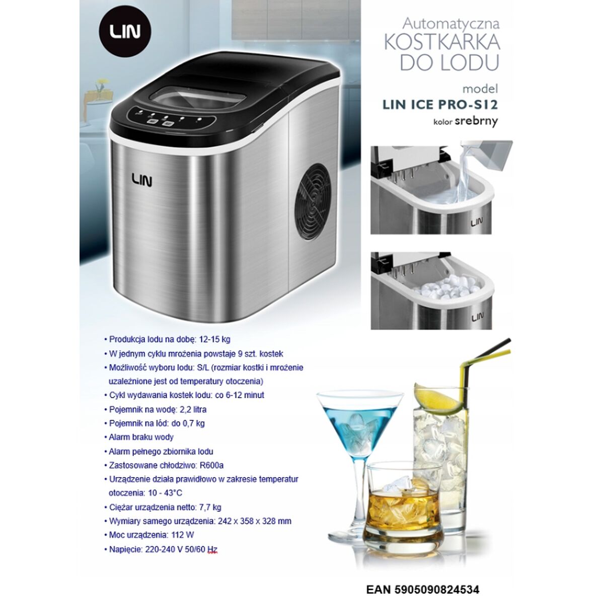 Máquina de Fazer Gelo Lin ICE PRO-S12 Prateado 112 W 2,2 L - EcoNest