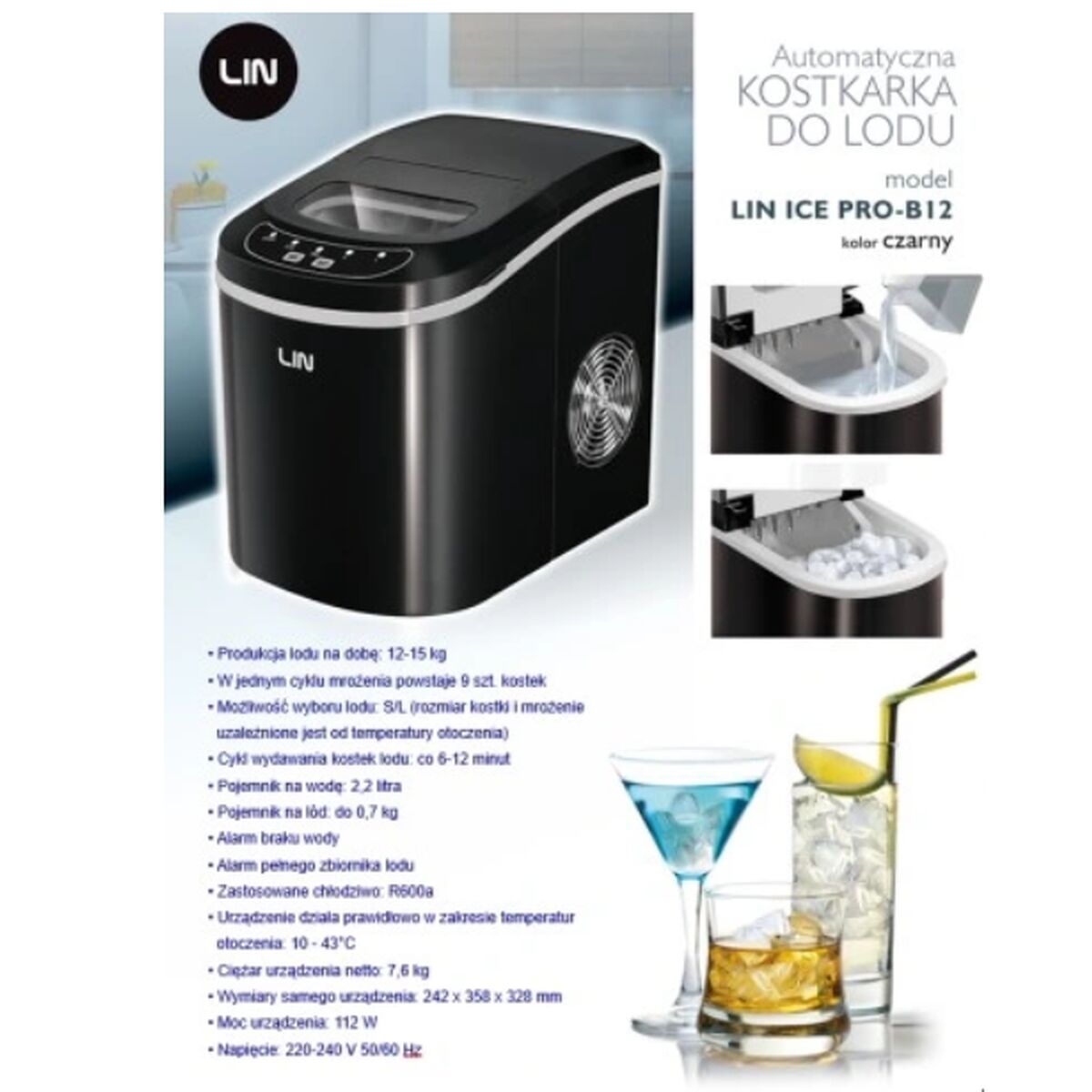 Máquina de Fazer Gelo Lin ICE PRO-B12 Preto 112 W 2,2 L - EcoNest