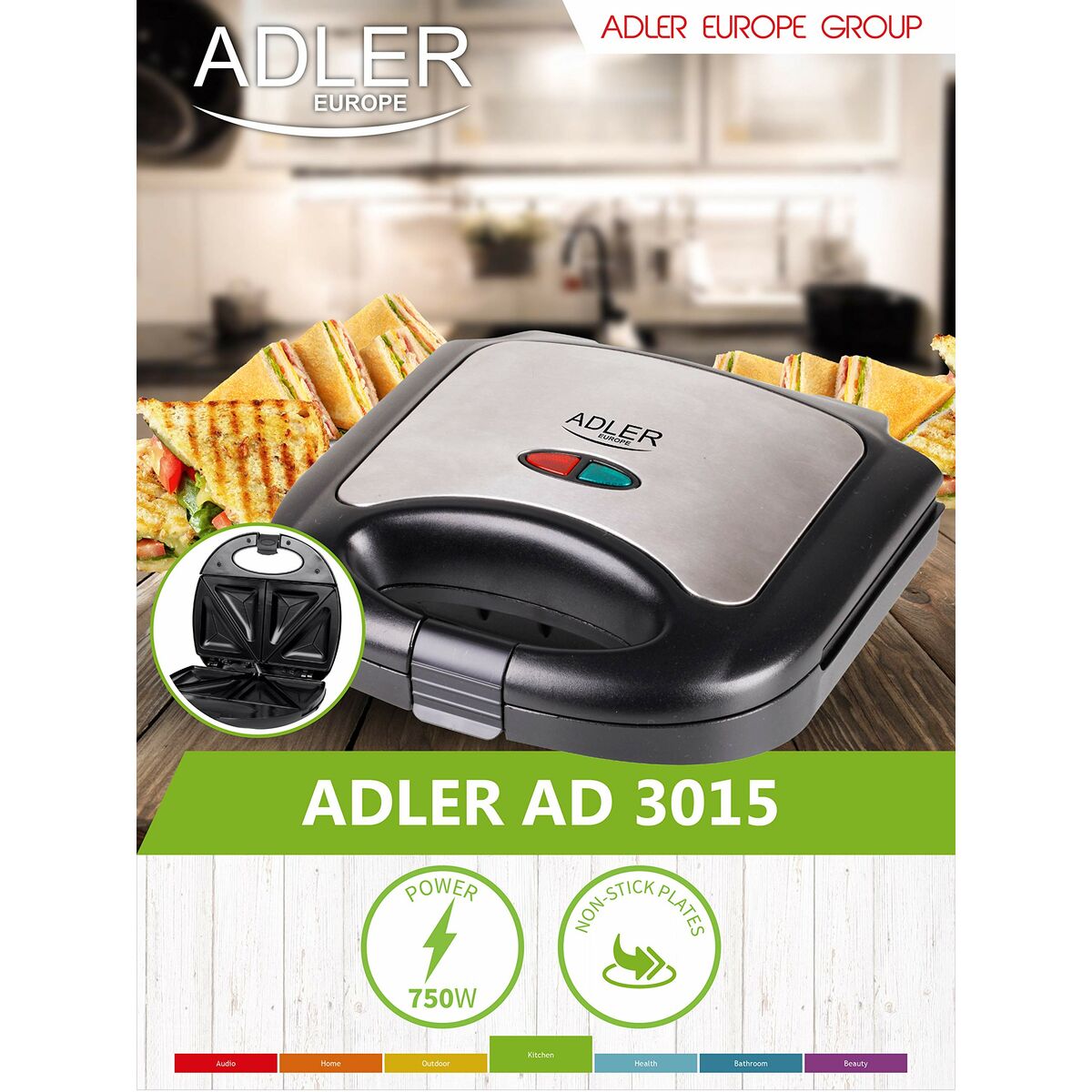 Sanduicheira Adler AD 3015 Preto Multicolor Prateado 750 W - EcoNest