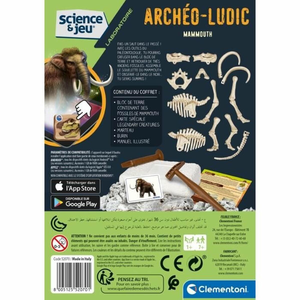 Jogo de Ciência Clementoni Archéo Ludic Mammoth Fluorescente - EcoNest