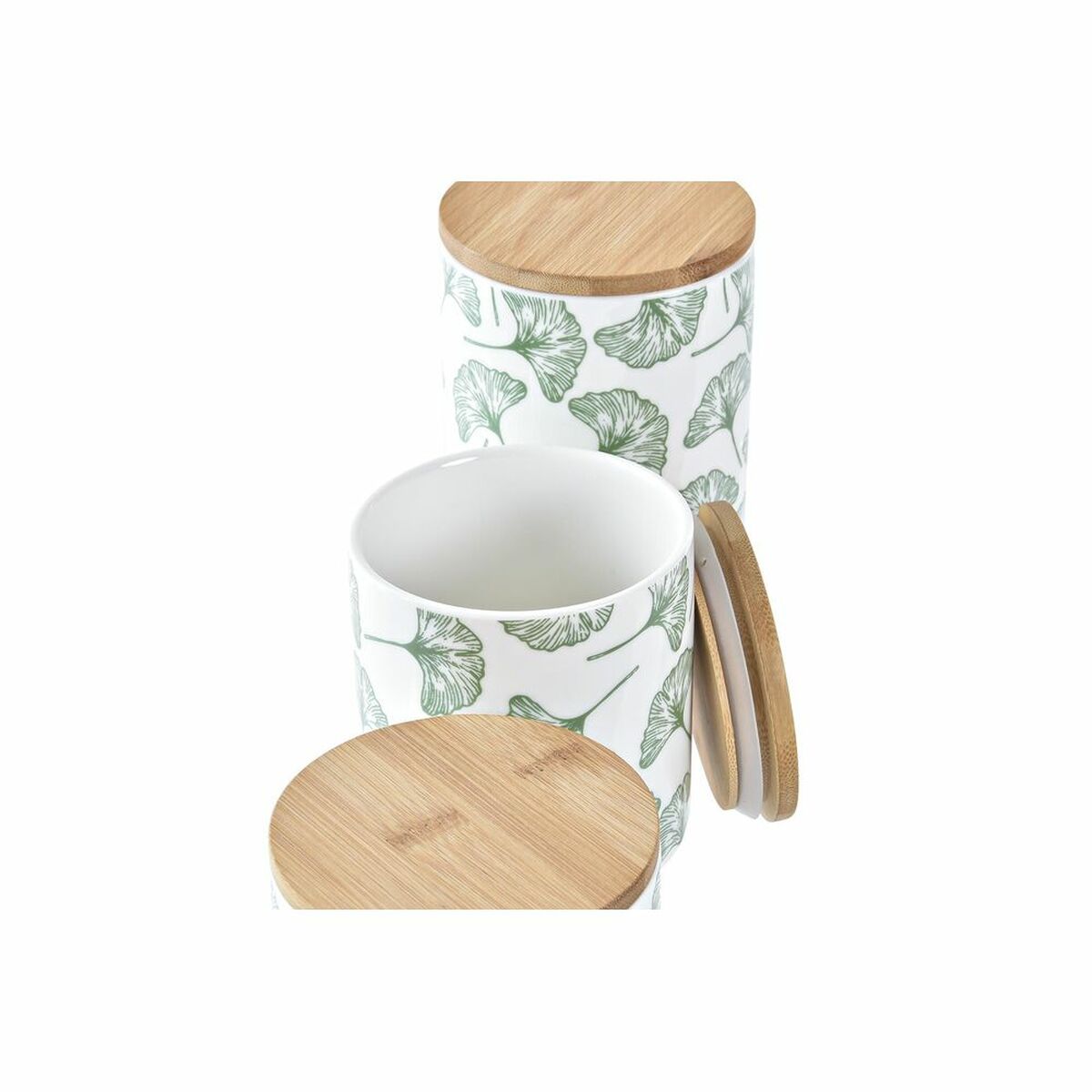 Conjunto de 3 Potes DKD Home Decor Natural Branco Verde Bambu Grés Tropical 10 x 10 x 17 cm - EcoNest