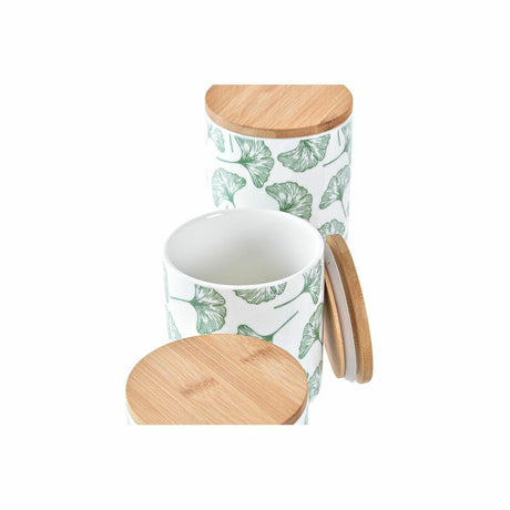 Conjunto de 3 Potes DKD Home Decor Natural Branco Verde Bambu Grés Tropical 10 x 10 x 17 cm - EcoNest