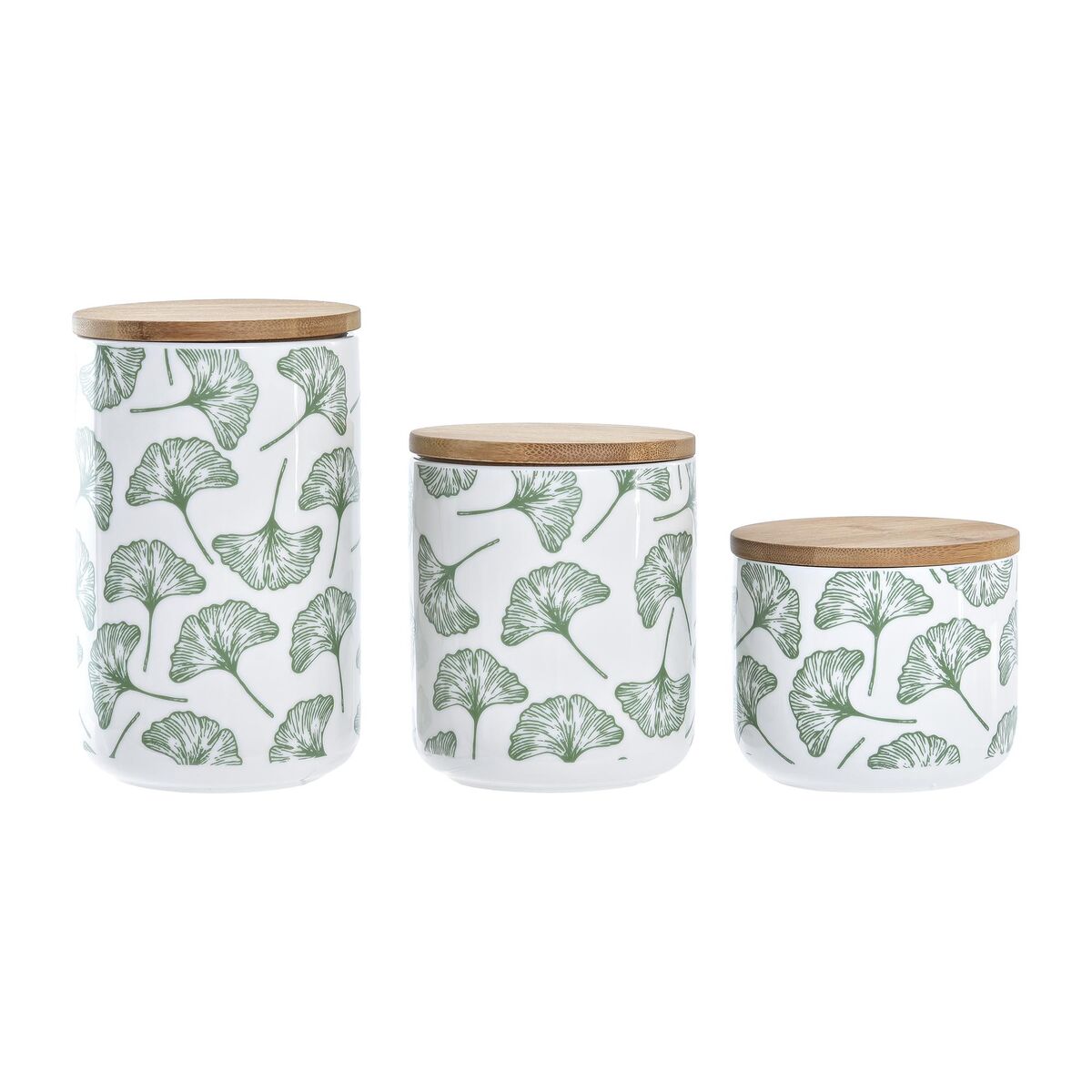 Conjunto de 3 Potes DKD Home Decor Natural Branco Verde Bambu Grés Tropical 10 x 10 x 17 cm - EcoNest