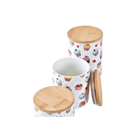 Conjunto de 3 Potes DKD Home Decor Natural Branco Multicolor Bambu Grés 10 x 10 x 17 cm Cupcake - EcoNest