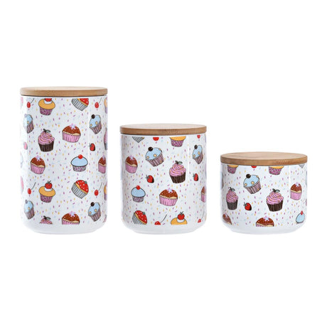 Conjunto de 3 Potes DKD Home Decor Natural Branco Multicolor Bambu Grés 10 x 10 x 17 cm Cupcake - EcoNest