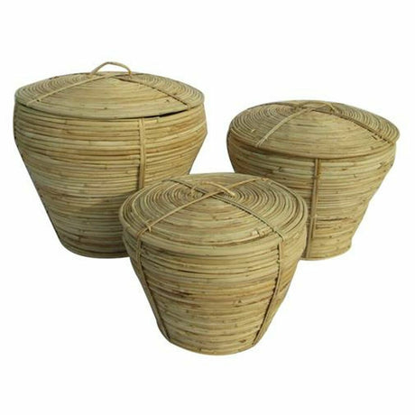Conjunto de Cestas DKD Home Decor Com tampa Natural Rotim Tropical (3 Peças) (35 x 35 x 30 cm) - EcoNest