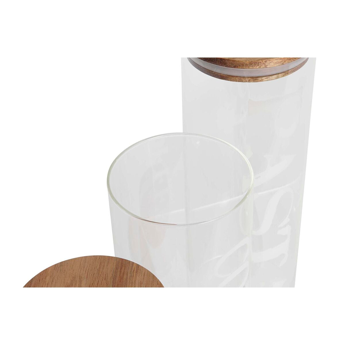 Conjunto de 3 Potes DKD Home Decor 10,2 x 10,2 x 27,7 cm Natural Transparente Acácia Letras Vidro de Borosilicato - EcoNest