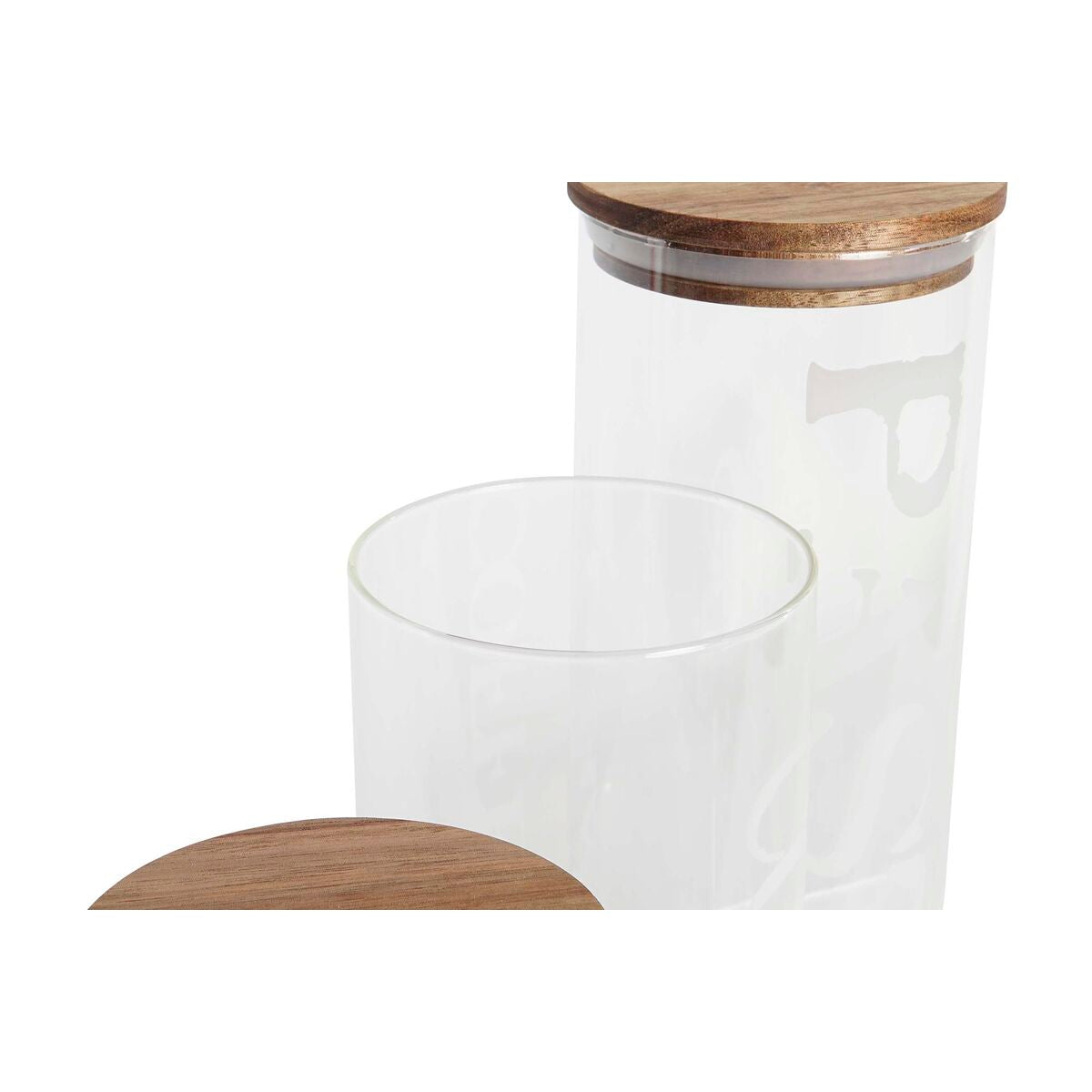Conjunto de 3 Potes DKD Home Decor 10,2 x 10,2 x 27,7 cm Natural Transparente Acácia Letras Vidro de Borosilicato - EcoNest