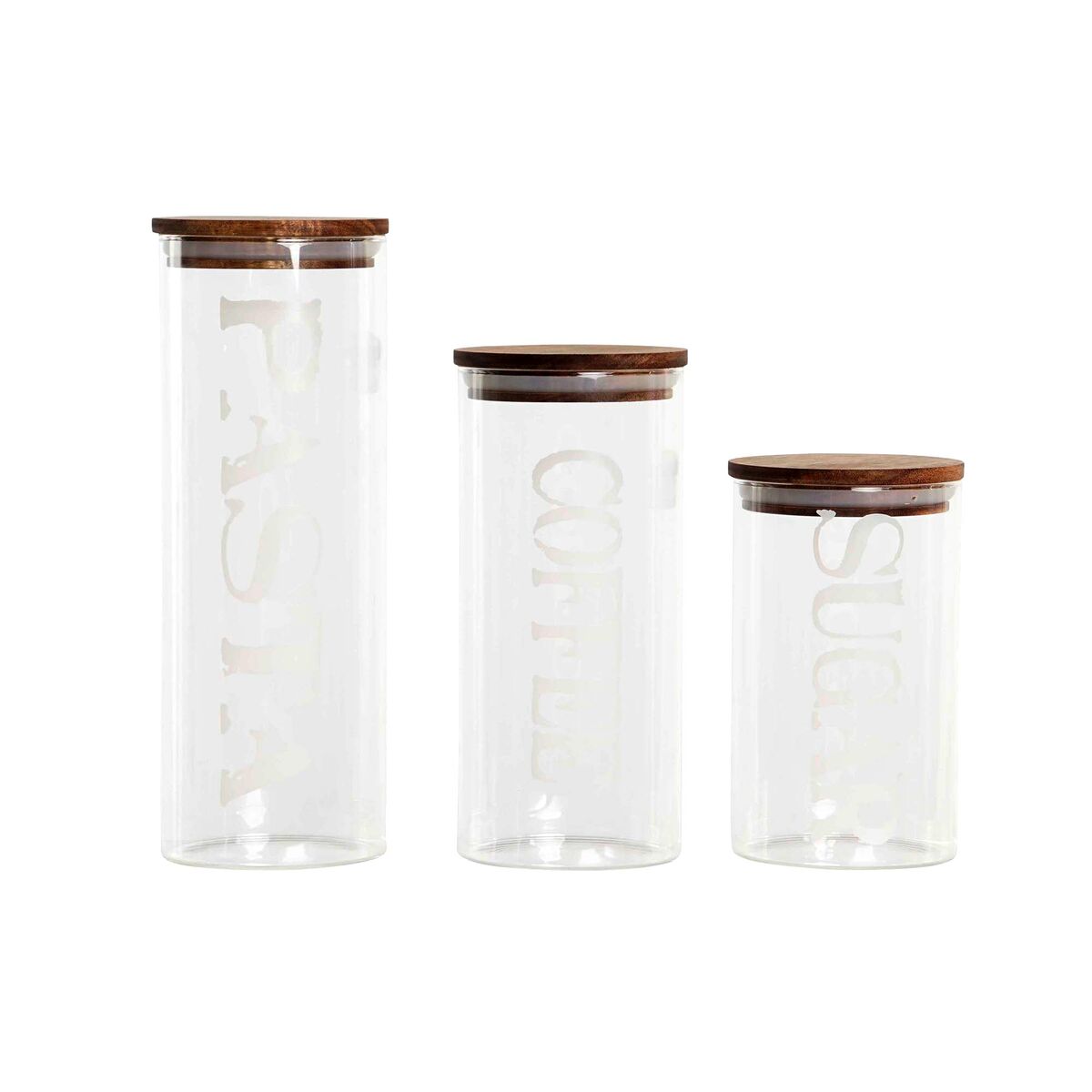 Conjunto de 3 Potes DKD Home Decor 10,2 x 10,2 x 27,7 cm Natural Transparente Acácia Letras Vidro de Borosilicato - EcoNest