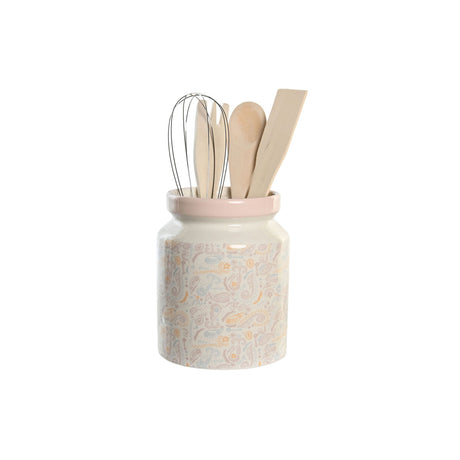 Recipiente para Utensílios de Cozinha DKD Home Decor Cor de Rosa Metal Branco Dolomite Madeira MDF 12 x 12 x 25 cm (5 Unidades) - EcoNest