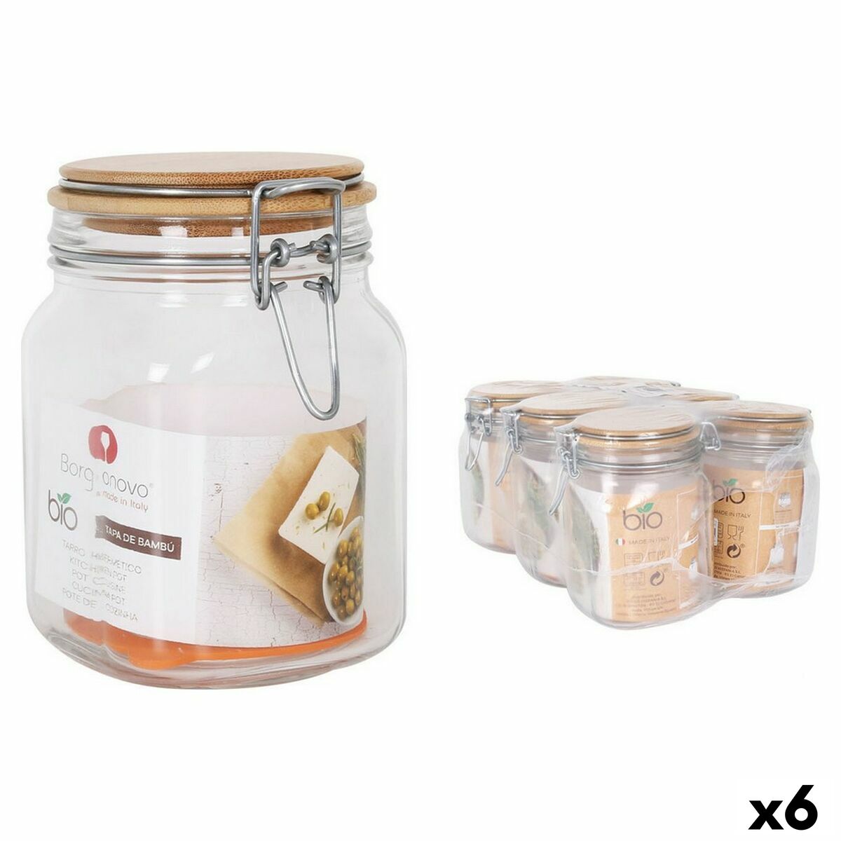 Frasco Borgonovo Primizie Fecho hermético Bambu 1L 10,5 x 10,5 x 15,5 cm (6 Unidades) - EcoNest