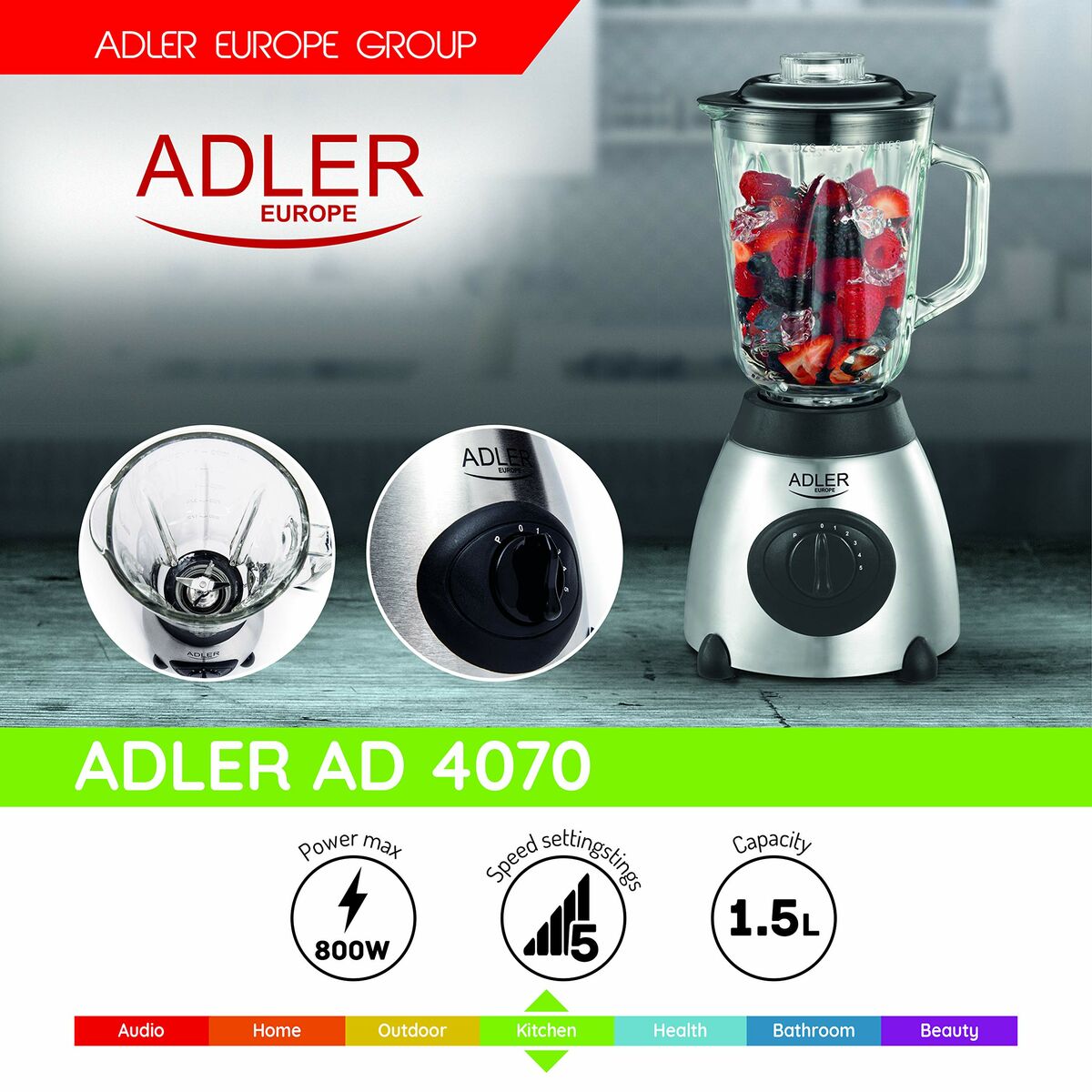 Batedora de Copo Adler AD 4070 Preto Multicolor 800 W 600 W 1,5 L - EcoNest