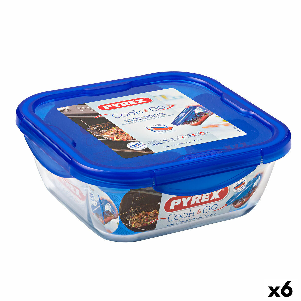 Lancheira Hermética Pyrex Cook & go 21 x 21 x 9 cm Azul 1,9 L Vidro (6 Unidades) - EcoNest