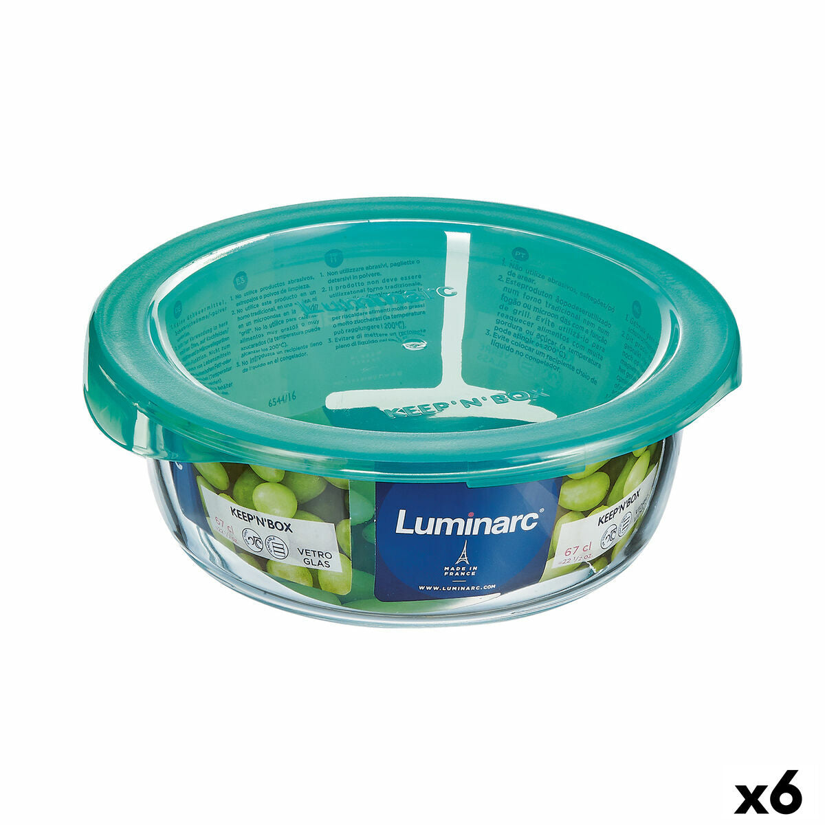 Lancheira Redonda com Tampa Luminarc Keep'n Lagon 13,5 x 6 cm Turquesa 680 ml Vidro (6 Unidades) - EcoNest
