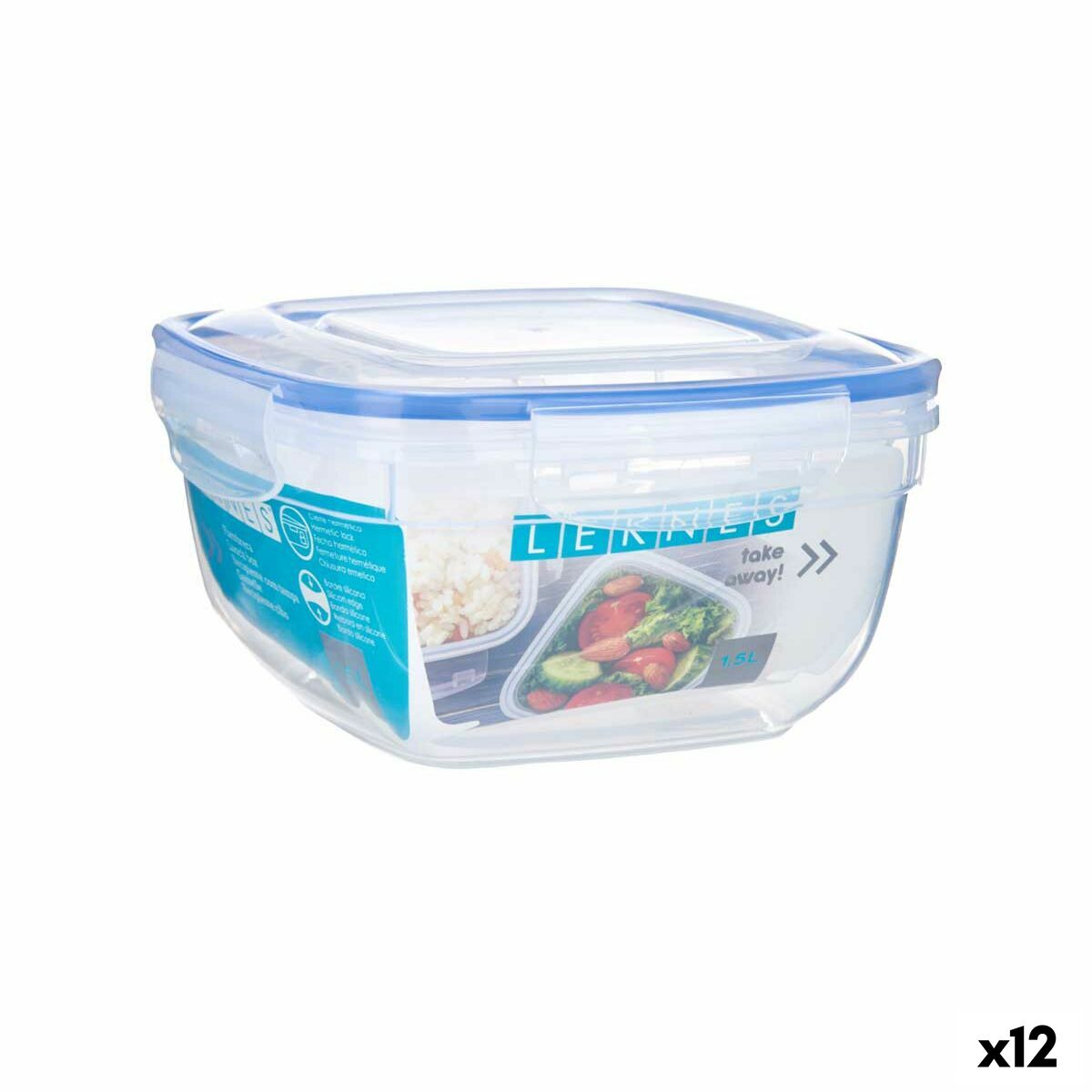 Lancheira Hermética Quadrado Transparente Polipropileno 1,5 L 17 x 10 x 17 cm (12 Unidades) - EcoNest