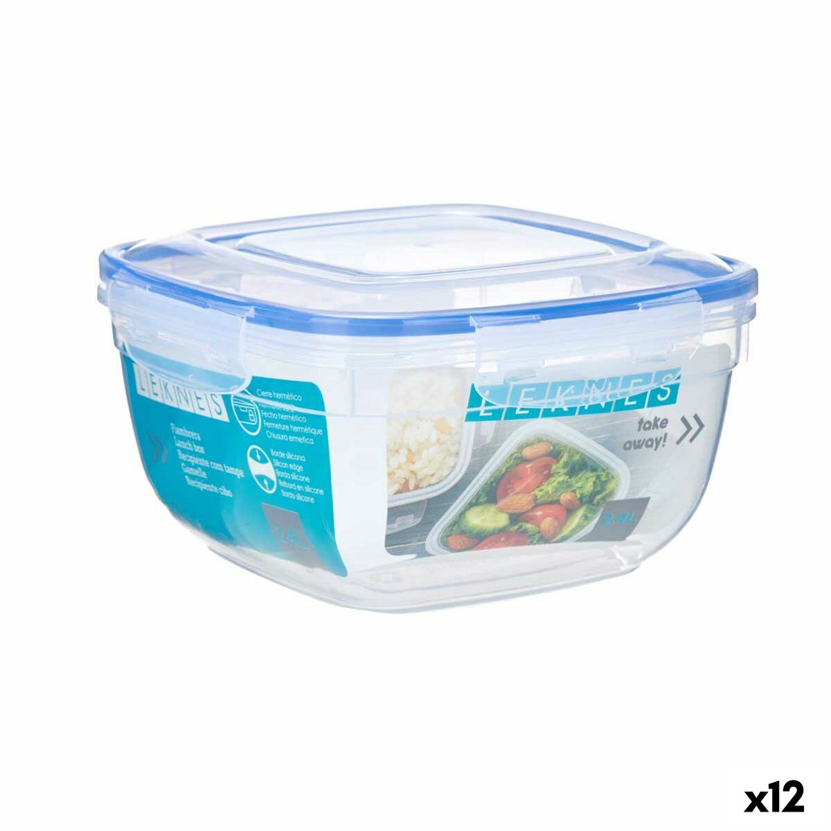 Lancheira Hermética Quadrado Transparente Plástico 2,4 L 20 x 11 x 20 cm (12 Unidades) - EcoNest