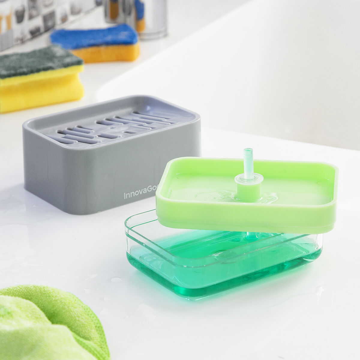 Dispensador de detergente 2 em 1 para lava-louça Pushoap InnovaGoods - EcoNest